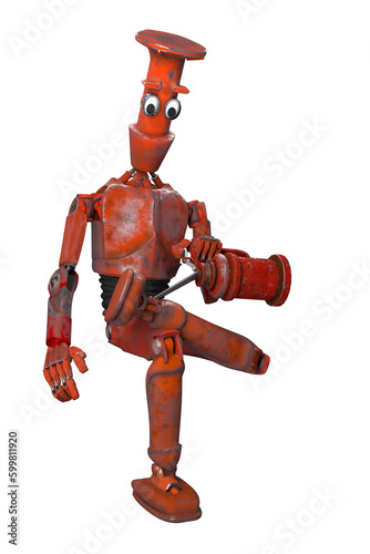 retro robot greases parts with oil can, vintage toy, cartoon character, 3d render.