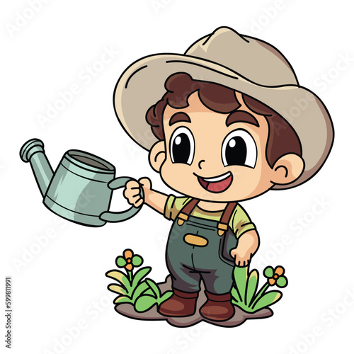 Happy male Farmer with a watering can character illustration in doodle style