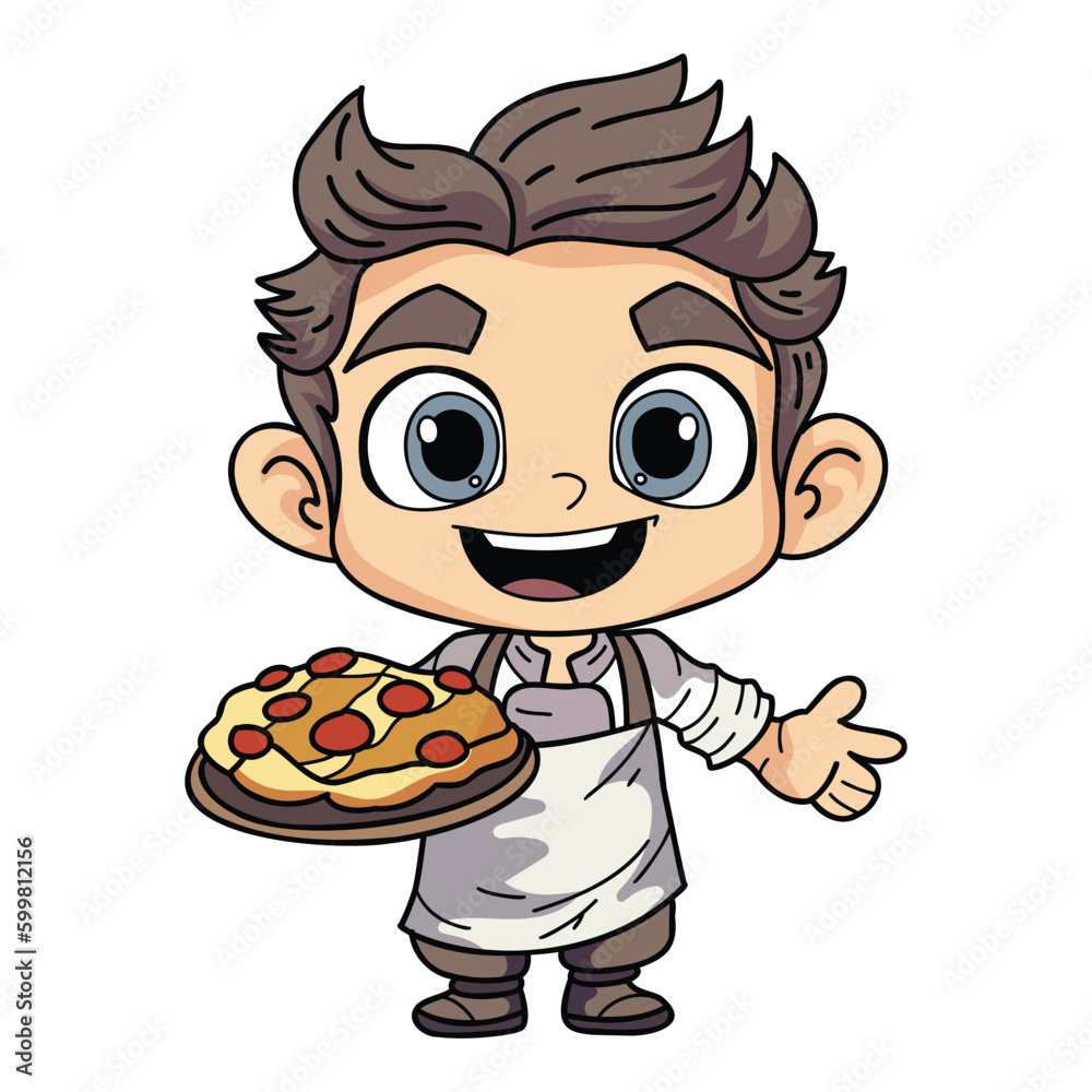 Happy chef man holding food illustration in doodle style Happy chef man holding food illustration in doodle style