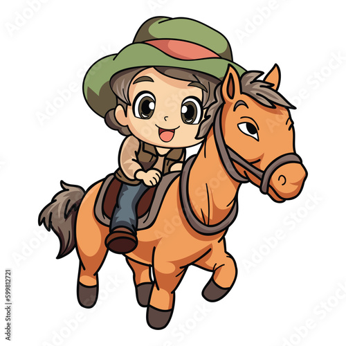 Happy farmer woman riding a horse character illustration in doodle style