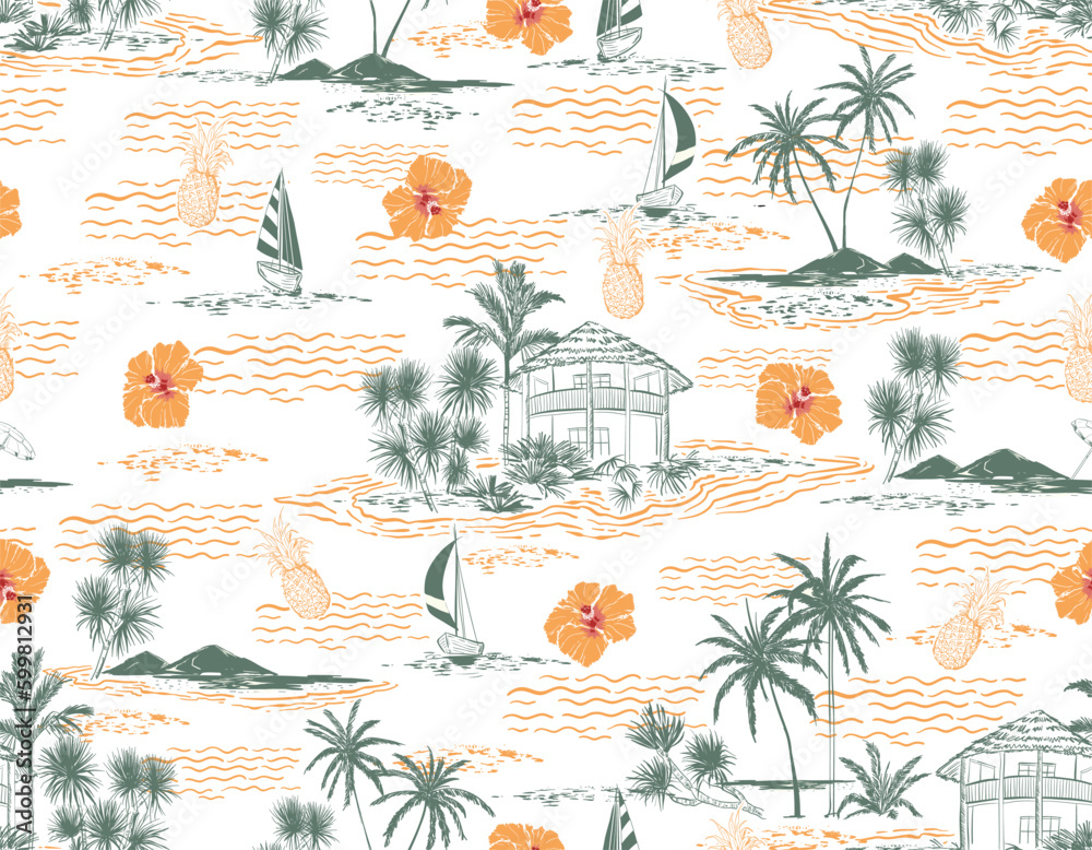 Hand Draw Summer Tropical Palm Tree Island Resort Seamless Pattern summer fruits - obrazy, fototapety, plakaty 