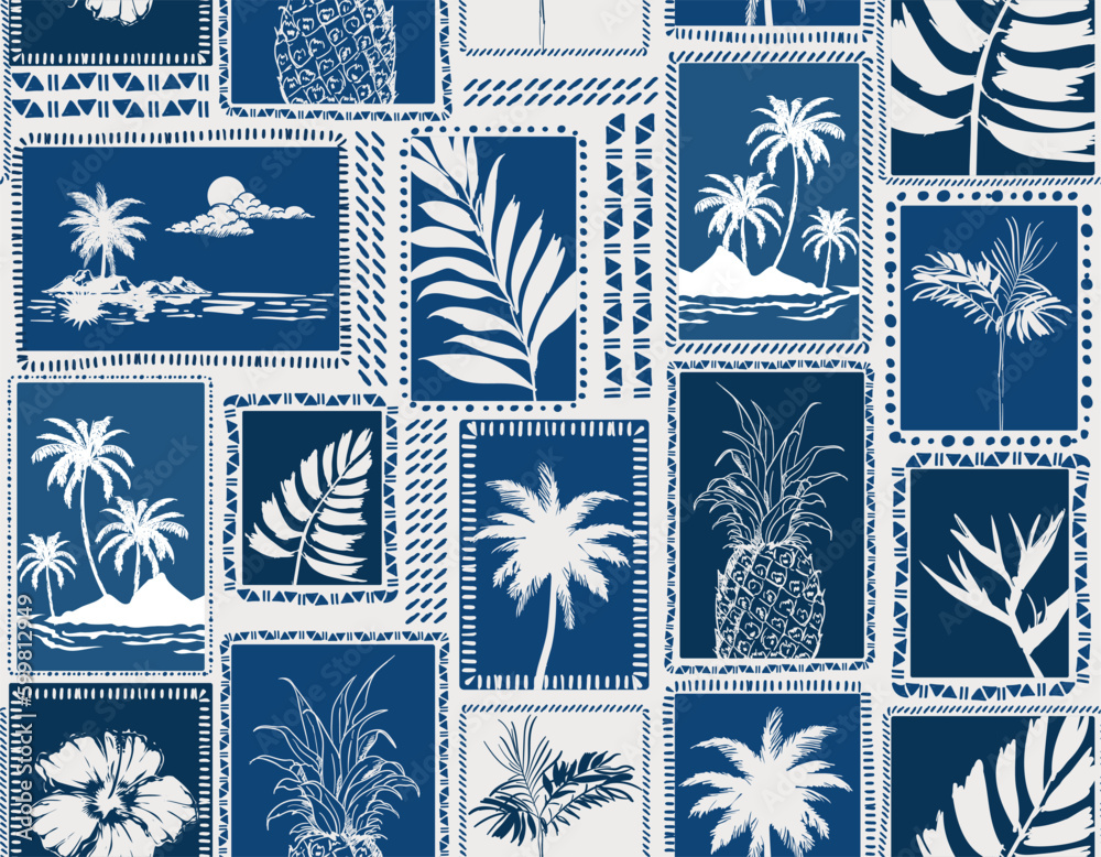 Retro Monotone Blue Tropical  palm trees silhouettes , Island , Leaves , flower repeat in retro style. - obrazy, fototapety, plakaty 