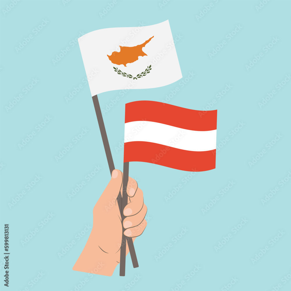Flags of Cyprus and Austria, Hand Holding flags Flags of Cyprus and Austria, Hand Holding flags