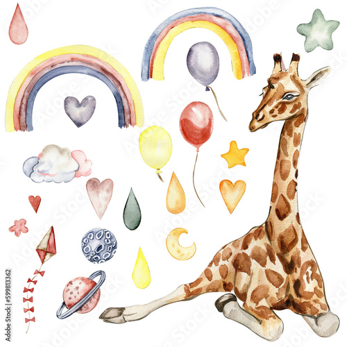 Watecolor hand drawn giraffe illustration and rainbow, Cartoon tropical animal , exotic summer jungle design. Design for baby shower party, birthday, cake, holiday design, greetings card, invitation.