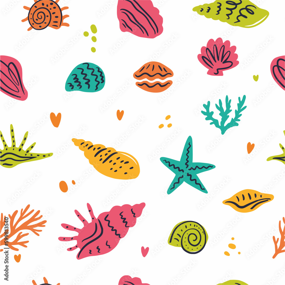 Vector pattern of seashells, hand-drawn in the style of a doodle