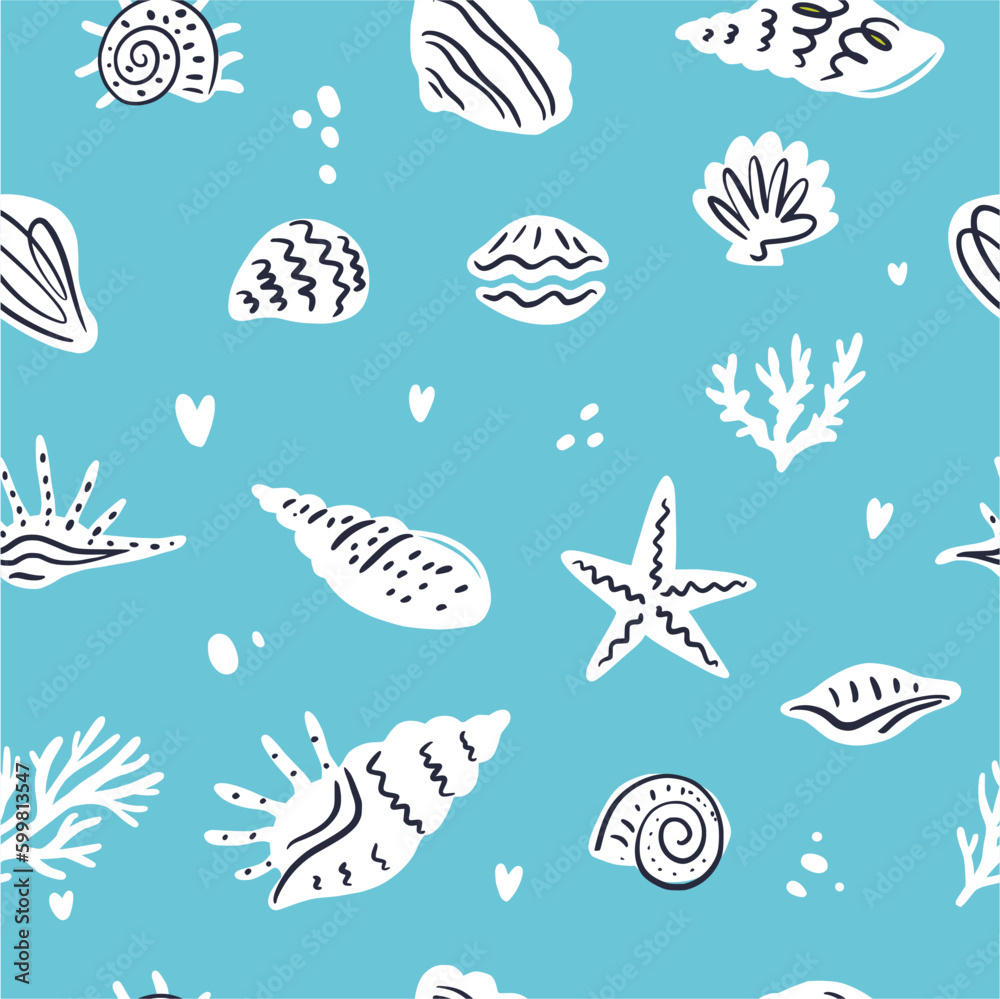 Vector pattern of seashells, hand-drawn in the style of a doodle Vector pattern of seashells, hand-drawn in the style of a doodle