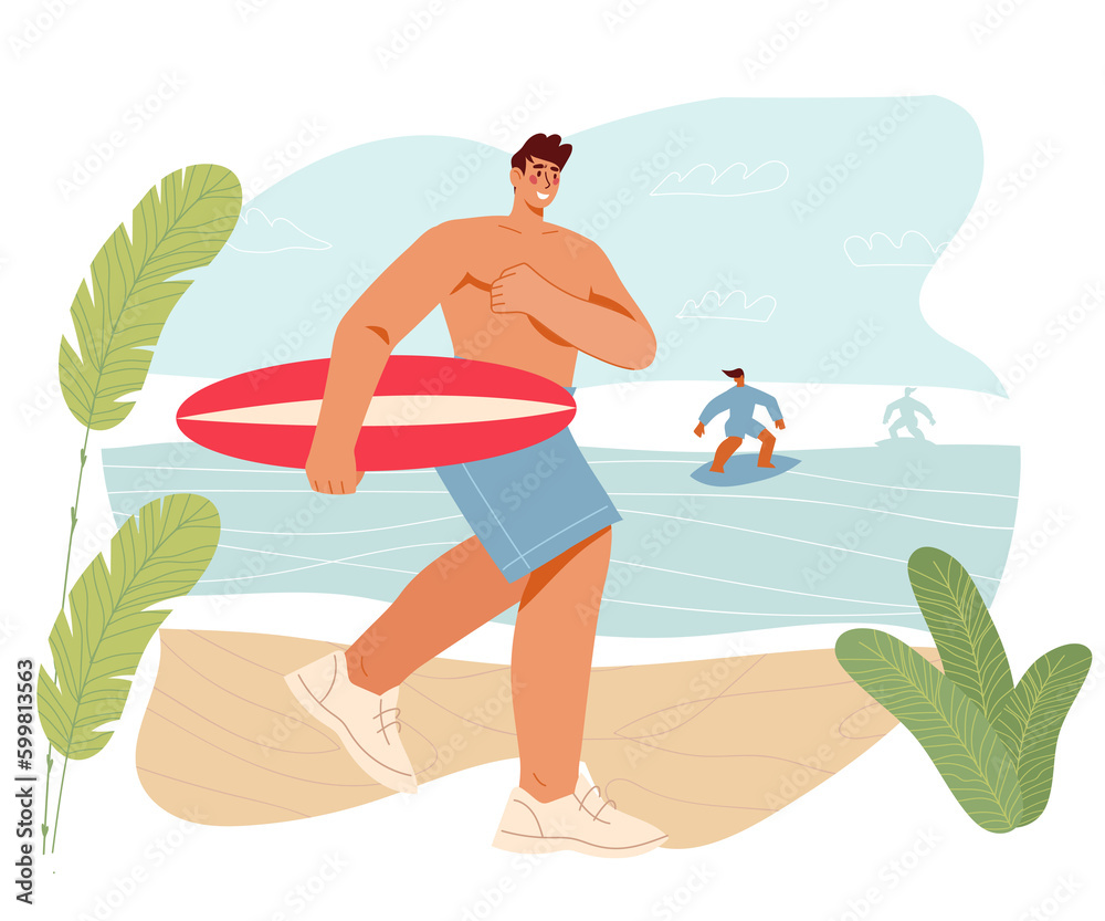 Male surfer rushing to the beach. Summer landscape with surfer carrying surfboard.