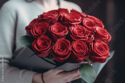 red roses and gift with white ribbon behind back, happy woman is on blurred background Generative AI