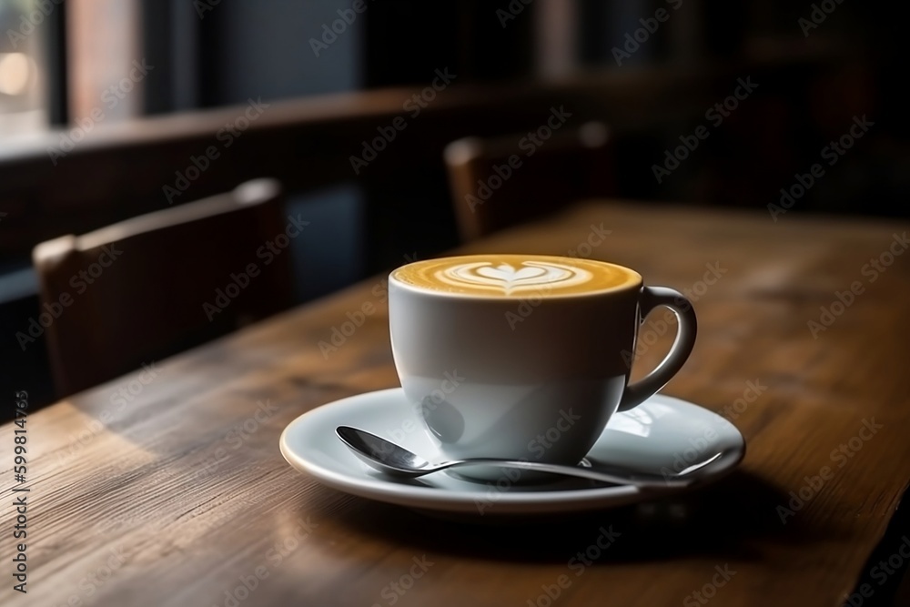 cup of coffee on wooden table. Generative AI. cup of coffee on wooden table. Generative AI.