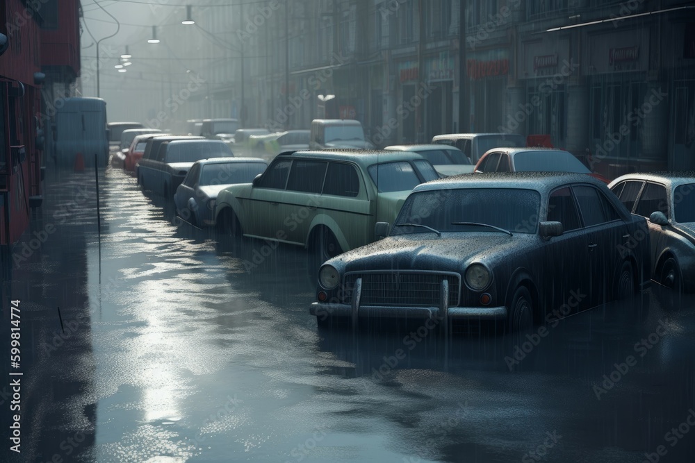 Cars city flood. Generate Ai