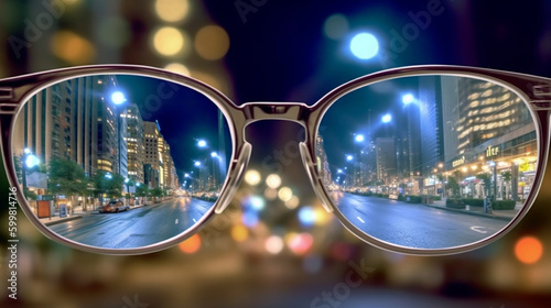 メガネのレンズ越しに見える都会の夜の風景 Generative AI