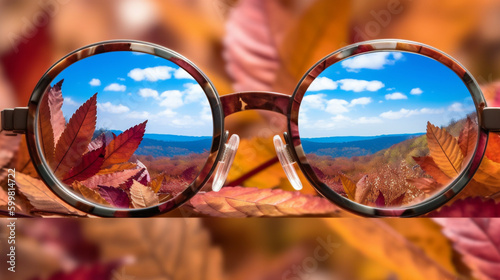 メガネのレンズ越しに見える自然、秋の景色 自然環境 Generative AI