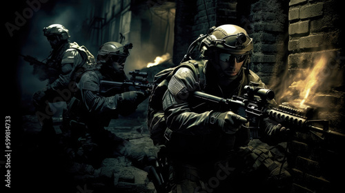 A military special forces team infiltrating a high-security facility, using night vision goggles and suppressed firearms