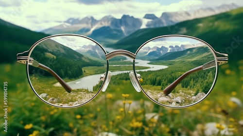 メガネのレンズ越しに見える自然、山、川 自然環境 Generative AI