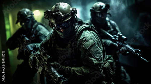 Photographie A military special forces team infiltrating a high-security facility, using nigh