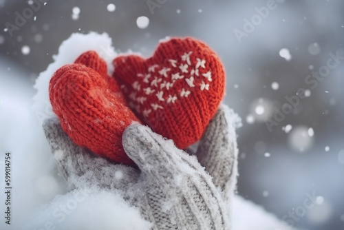 Female hands in knitted mittens with snowy heart against snow background. Love, winter and Valentines day romantic creative concept with copy space for text Generative AI