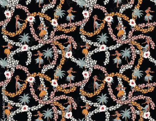Stylish Hawaiian Summer Paradise with Flower and palm trees  like, Hula Girl, Seamless pattern Vector Illustration