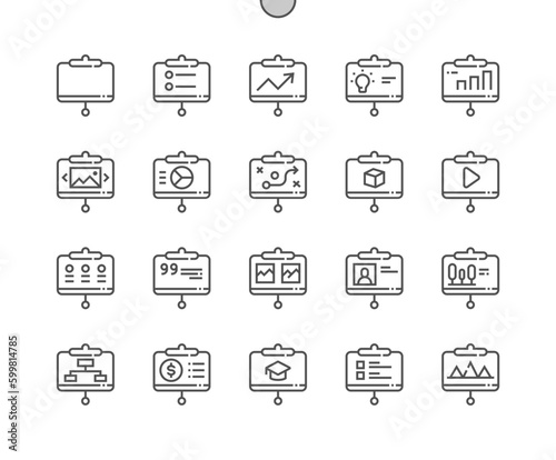 Presentation. Business and education. Meeting, conference, seminar. Pixel Perfect Vector Thin Line Icons. Simple Minimal Pictogram