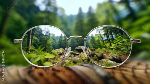 メガネのレンズ越しに見える緑の森、自然環境 Generative AI