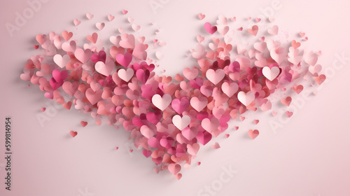 Heart flying frame Celebration backdrop. Bright pink hearts confetti falling on white background. Vector illustration Generative AI