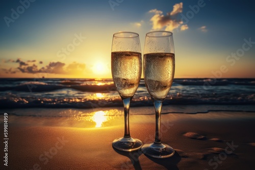 Champagne glasses beach. Generate Ai
