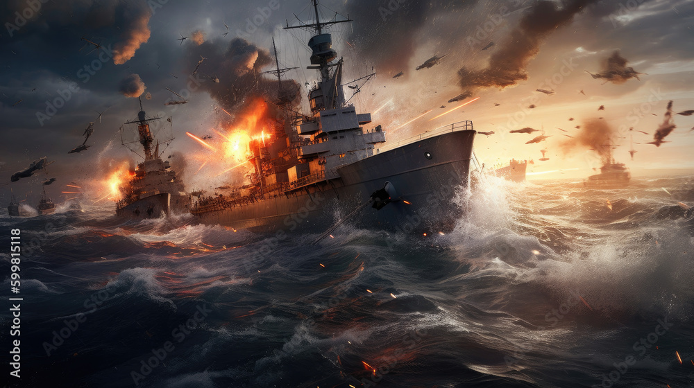 Fototapeta premium A military photorealistic image of a naval battle, two warships exchanging fire in the open sea, waves crashing against the hulls, dark clouds on the horizon, highlighting the chaos and destruction of