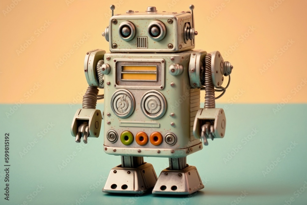 Antique Tin Robot Toy on Pastel Background, Generative Ai
