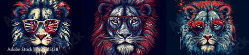 Lion with sunglasses. Drawn illustration for t-shirt. generative ai.