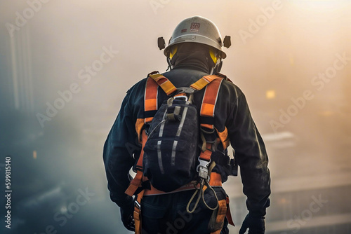 Firefighter in action at the scene of a fire. The concept of emergency rescue. generative ai.