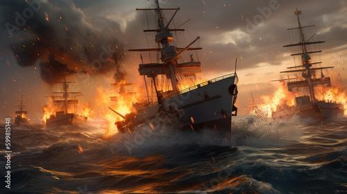 A military photorealistic image of a naval battle, two warships exchanging fire in the open sea, waves crashing against the hulls, dark clouds on the horizon, highlighting the chaos and destruction of