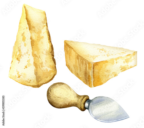 watercolor parmesan cheese pieces with cheese knife, hand drawn illustration of dairy product isolated on white background, italian food, picture for menu