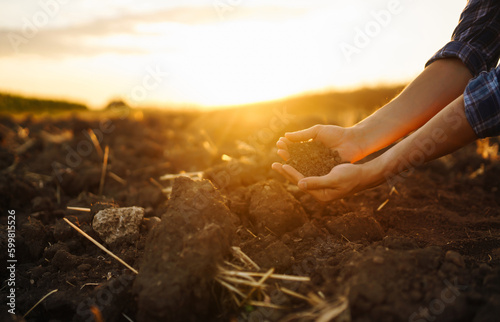 Hand of farmer collect soil and checking soil health before growth a seed of vegetable or plant seedling. Harvesting. Agribusiness. Gardening concept.