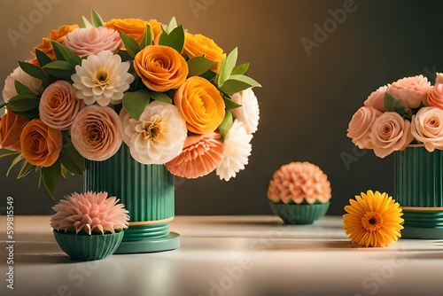  floral craft wallpaper. orange, rose, green and yellow flowers in light background, Generated AI  © nini