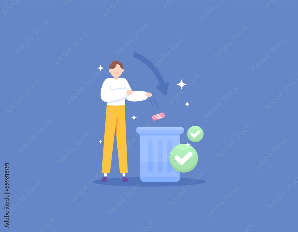 put trash in its place. proper way to dispose of garbage. a man disposed an used can into the bin. keep clean. illustration concept design. vector elements put trash in its place. proper way to dispose of garbage. a man disposed an used can into the bin. keep clean. illustration concept design. vector elements