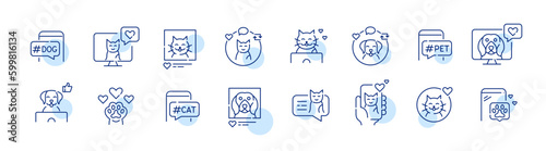 Pet social media presence. Cat and dog bloggers. Pixel perfect, editable stroke line art icons set