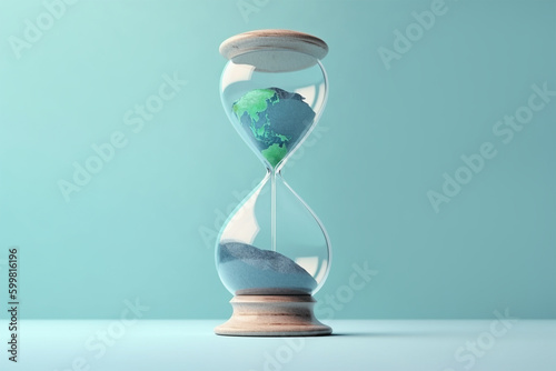 Planet earth in hourglass. Climate change concept. Generative AI illustration