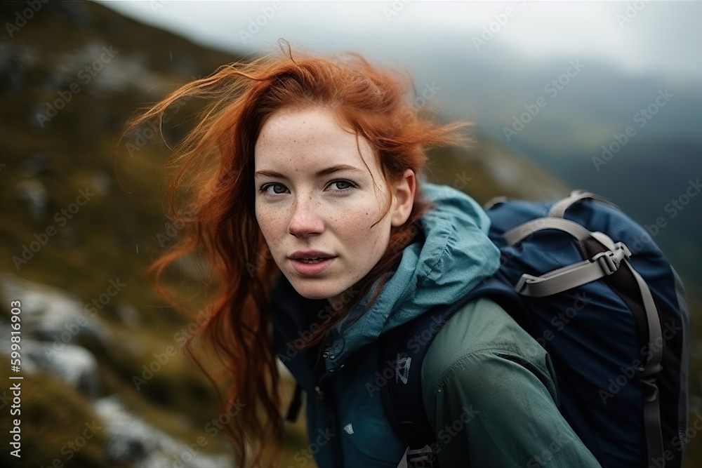 Beautiful Woman Climbing on the Mountains. Adventure and Extreme Sport Concept. Generative ai