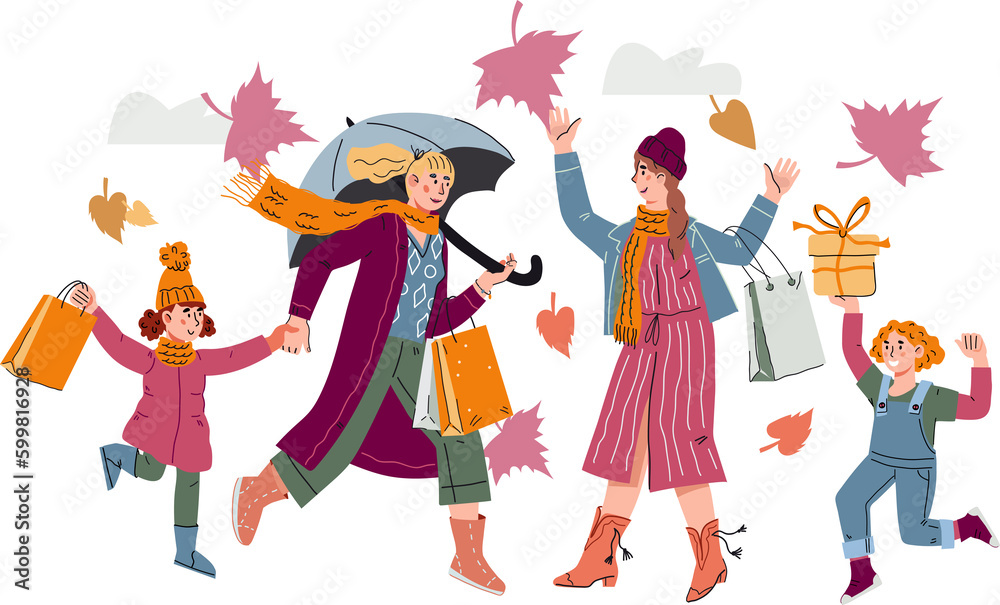 Women and children at the autumn sale of goods. A group of happy shoppers taking part in the autumn or fall seasonal sale. Women and children at the autumn sale of goods. A group of happy shoppers taking part in the autumn or fall seasonal sale.