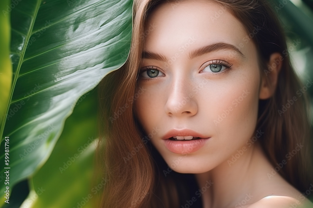 Young woman's face surrounded by tropical leaves. portrait of magnificent lady with natural nude makeup, perfect skin. Natural cosmetic, wellness, purity, skincare, beauty concept. Generative AI Young woman's face surrounded by tropical leaves. portrait of magnificent lady with natural nude makeup, perfect skin. Natural cosmetic, wellness, purity, skincare, beauty concept. Generative AI
