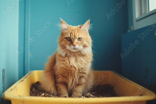 Adorable cat near litter box indoors. Pet care. Generative AI