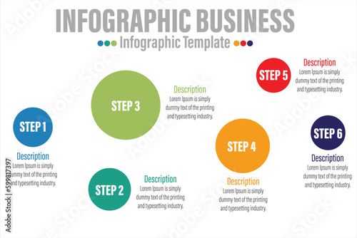 Colorful timeline infographic with Six 6 Steps, Six 6 options design template, Infographics management, finance, analytics, presentation. Vector illustration