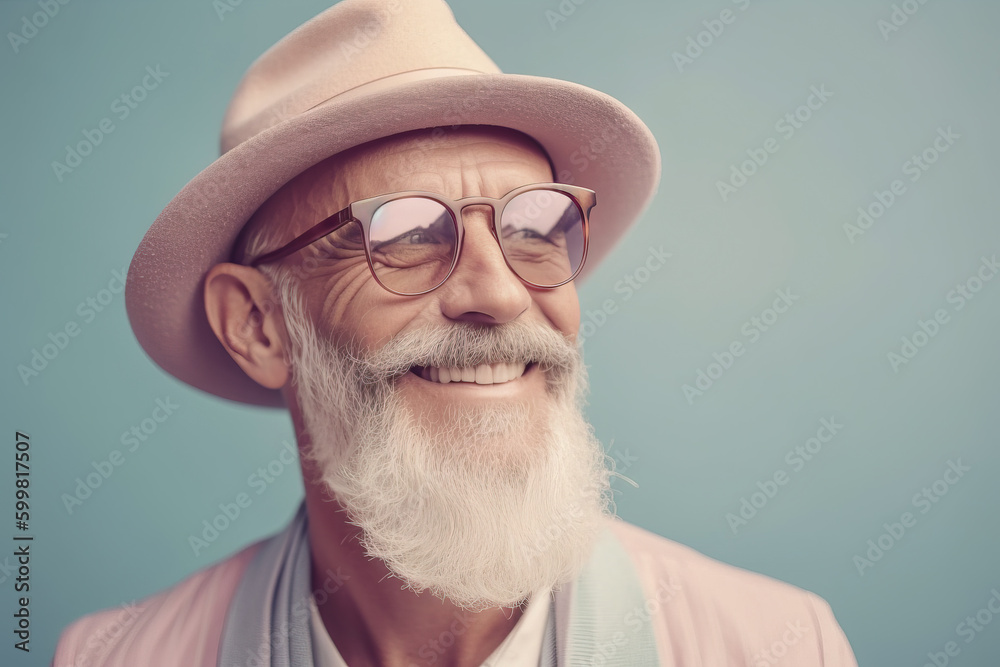 commercial studio mid-shot of happy hipster dreseed with sunglasses elder man, smiling, pastel background, pastel tones, minimal, isolated. Generative AI commercial studio mid-shot of happy hipster dreseed with sunglasses elder man, smiling, pastel background, pastel tones, minimal, isolated. Generative AI