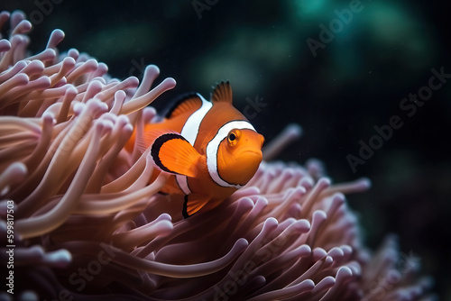 Tropical sea corals and clown fish (Amphiprion percula). Generative AI © artem