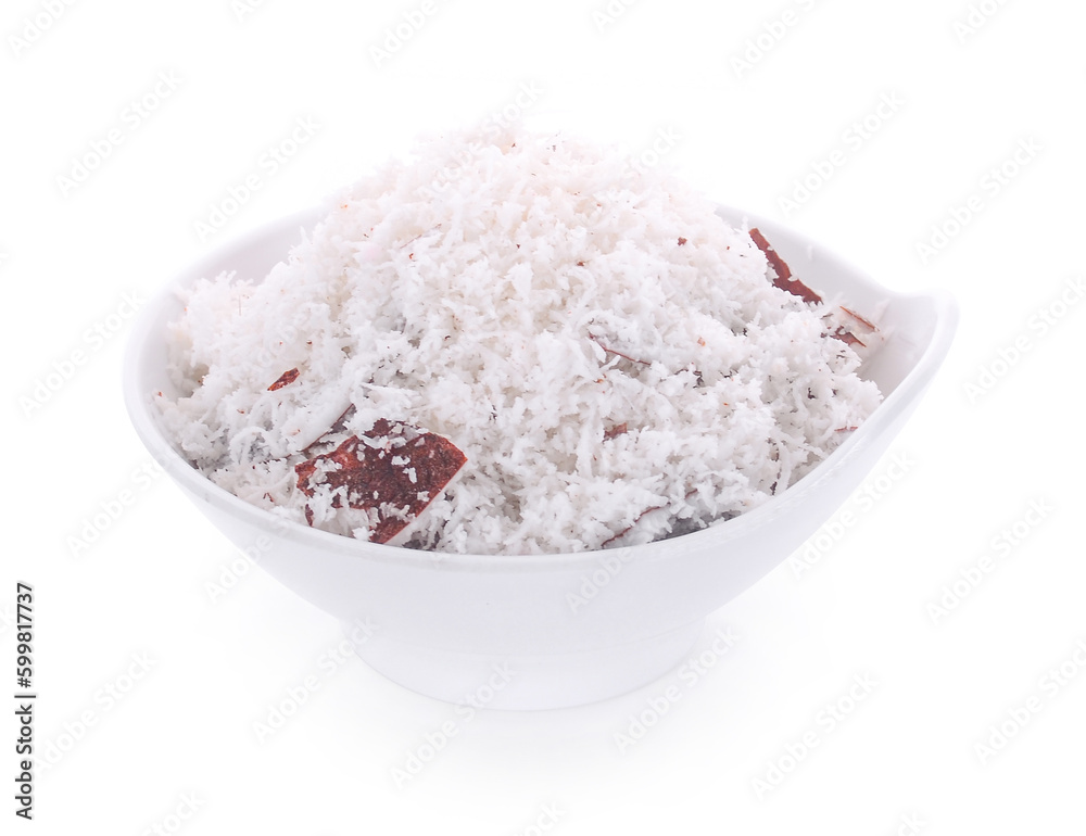 Grated Coconut in bowl isolated on white background. Grated Coconut in bowl isolated on white background.