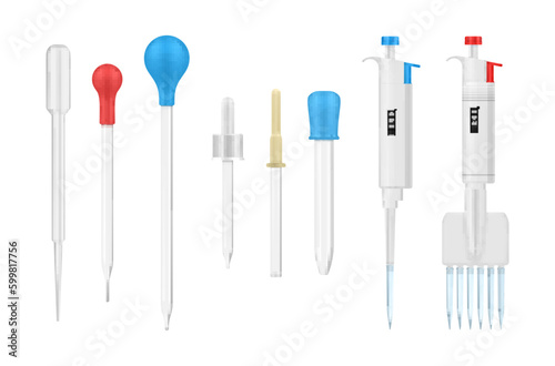 Medical pipettes dropper for laboratory different shape set realistic vector illustration