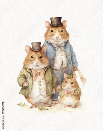 Watercolor drawing family of hamsters, cartoon rodent hamster photo