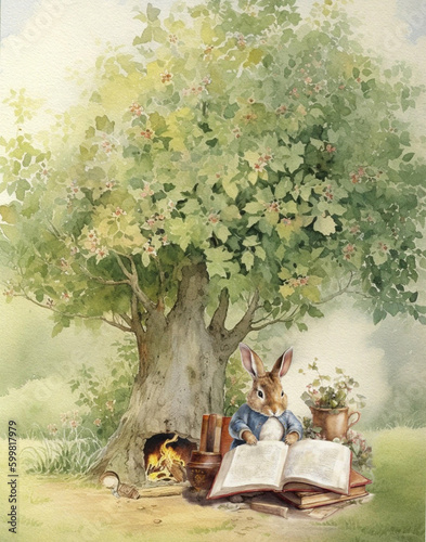 Watercolor drawing of a rabbit with a big book, cartoon rabbit photo