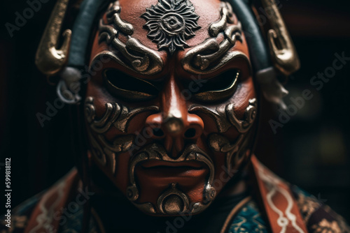 Portrait close up of a Samurai in a traditional mengu mask, Japanese medieval warrior in armor, art generated by ai