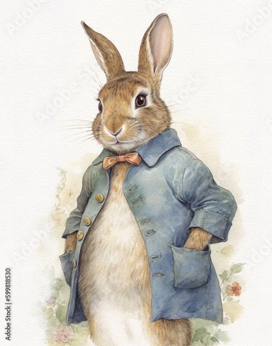 Watercolor drawing of a rabbit in a vintage jacket, cartoon rabbit photo