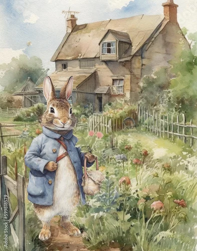 Obraz Akwarela, rysunek królika w kurtce vintage, królik rysunkowy
